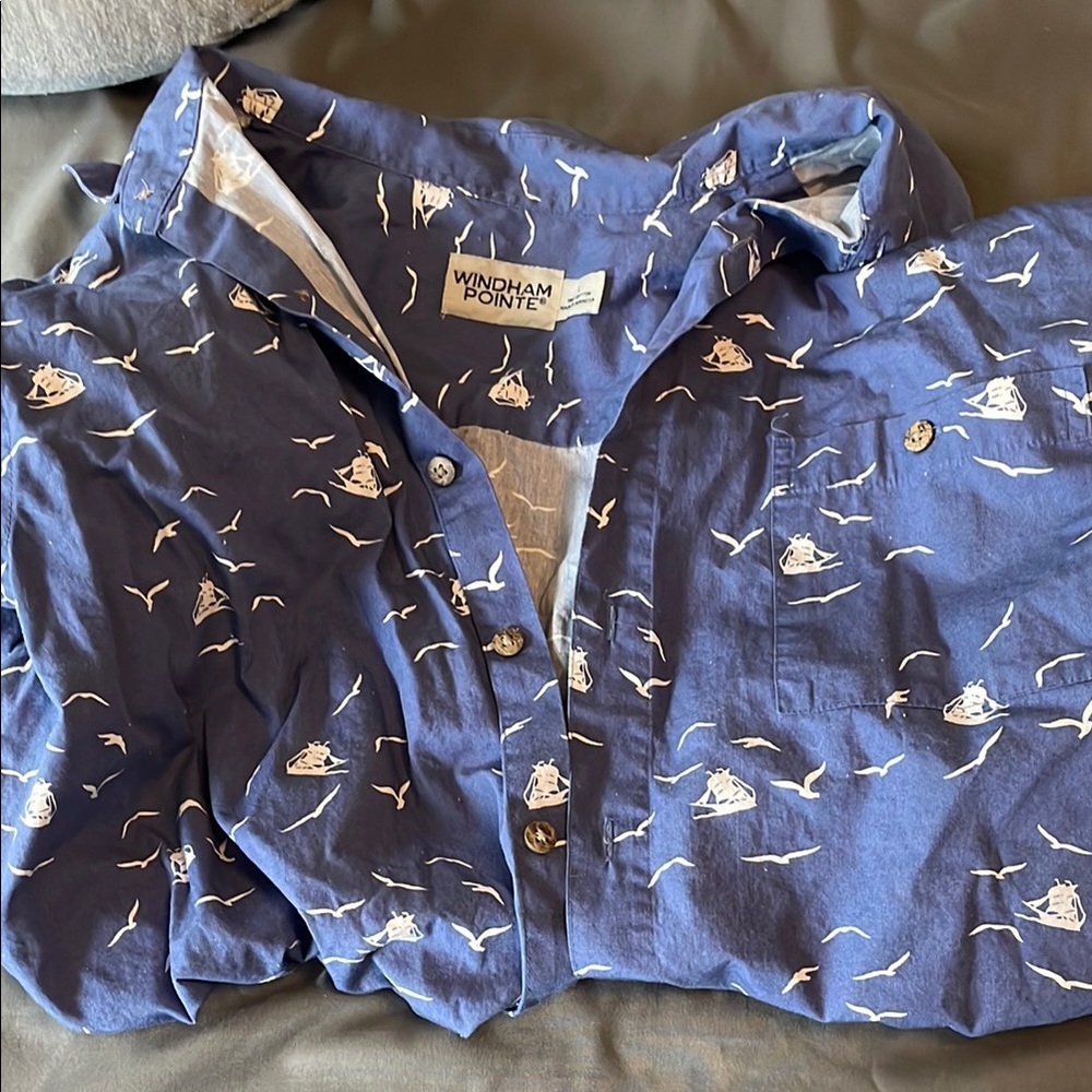 Blue Casual Button Down Shirt with Bird Print